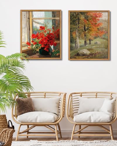 UPWOIGH Red Poppy Framed Impressionist Wall Art, 16 x 24 Inch | Red Poppy Bouquet by a Sunlit Window, Impressionist Oil Painting Style, Warm Wood Frame for Living Room and Bedroom - color: Red Poppies, size: 24"L x 16"W