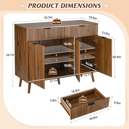LYNCOHOME Fluted Sideboard Buffet Cabinet with Storage,2 Drawers and 3 Doors,Wood Coffee Bar Cabinet with Solid Wood Feet for Kitchen,Hallway - size: 15.8"D x 43.3"W x 34.7"H