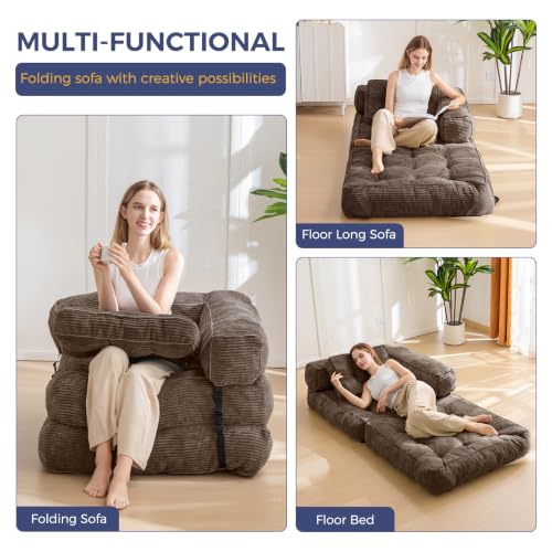 MAXYOYO Folding Sofa Bed, Convertible Chair Bed with Pillow | L-Shaped Floor Sofa with Armrest and Pillow, Foldable Portable Fold Out Comfy Chair Bed for Living Room Bedroom, Brown - color: Brown