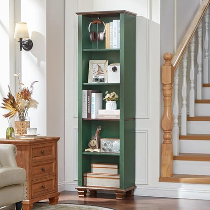 19.7" Wide Narrow Book Shelf, 5-tire Skinny Bookshelf with Adjustable Shelves & Solid Wood Legs, Farmhouse Freestanding Bookcase w/Storage, Tall Wood Book Case for Office,Living Room, Green - color: Green