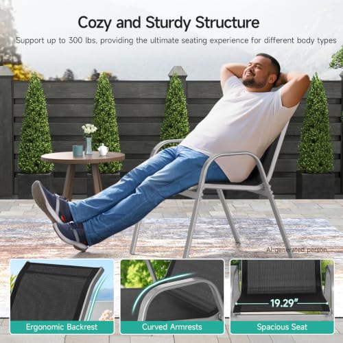 Patio Chairs Set of 4, All Weather Outdoor Dining Chairs | Stackable Dining Furniture Set, Breathable, High Back, Lawn, Garden, Backyard, Poolside Furniture - color: Black