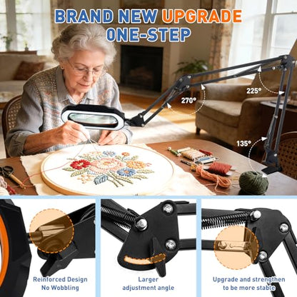 HITTI 12X Square Ultra Long Magnifying Glass with Light and Clamp | 3-Section Arm Hands Free Lighted Stand, 5 Color Modes, Stepless Dimming LED Desk Lamp for Workbench, Crafting, Reading-Yellow