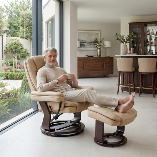 Swivel Recliner Chair with Ottoman Reclining Lounge Sofa Footrest, Set of 1 | 360°Sturdy Wood Base, Soft Faux Leather, Upholstered Ultra-Plush Foam, Modern Armchair, Living Room Bedroom Office Reading - color: Beige, size: Set of 1