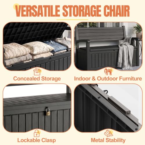 Storage Bench Outdoor Deck Box, 100 Gallon Lockable Patio Furniture, Black | Waterproof & UV Resistant Seating, Indoor/Outdoor Shoe Storage Cabinet for Garden Cushions, Tools, Patio, Pool Supplies