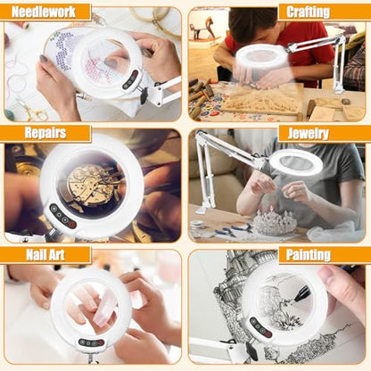 IVMAIE 12X Magnifying Glass with Light and Stand (No Acrylic Lens), 2-in-1 Lighted Magnifier with Clamp 5 Color Modes Dimmable LED Desk Lamp Hands Free for Painting Craft Sewing Hobby Close Work White - color: White