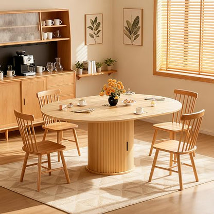 Wildhome Extendable Round Dining Table for 2-4-6, 59 Inch Dining Room Kitchen Table with 2-Tier Storage Shelf, Modern Farmhouse Fluted Wood Slide Door Dinner Furniture,Oval Circle,Oak - color: Oak-59 Inch