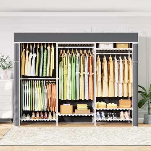E13C Heavy Duty Closet Organizer System，Freestanding Clothing Racks for Hanging Clothes，Adjustable Garment Rack 63" W x 16" D x 77" H Hold 960 lbs，White Clothing Rack with Grey Dustproof Cover - color: White Rack with Grey Cover, size: E13C
