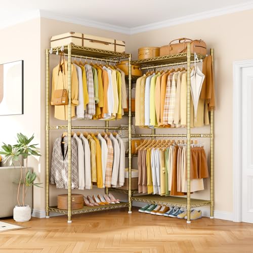 E4L Corner Clothes Rack, L Shaped Garment Rack, Heavy-Duty Freestanding Closet System with Shelves and Hangers, Max Load 962lbs, 42.7" W x 42.7" D x 79.3" H, Gold - color: Gold