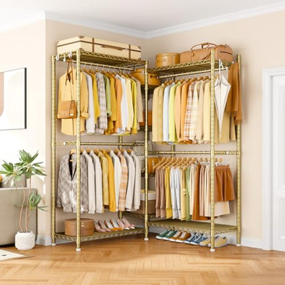 E4L Corner Clothes Rack, L Shaped Garment Rack, Heavy-Duty Freestanding Closet System with Shelves and Hangers, Max Load 962lbs, 42.7" W x 42.7" D x 79.3" H, Gold - color: Gold