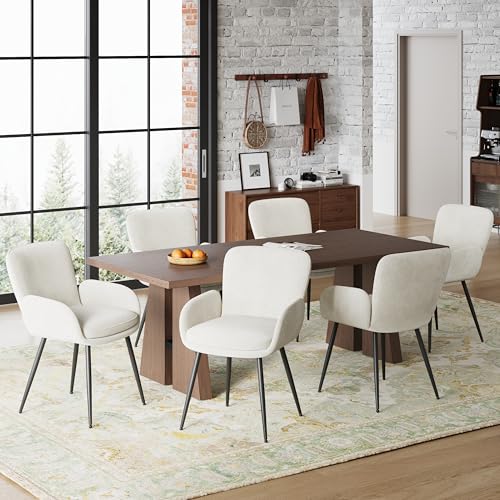 VKNOW Modern Upholstered Dining Chairs Set of 6 with Armrest, Beige | Armed Dining Room Chairs with Metal Legs, Kitchen Chairs for Restaurant Kitchen Living Room - color: Beige, size: Set of 6