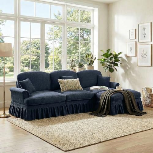 Modular Sectional Sofa Couch, Comfy Chenille Sofa with Removable Ruffled Skirt, Flared Armrests, Sturdy Legs, Convertible Sectional for Living Room, Bedroom, Apartment (Blue) - color: Blue, size: 107.1 Inch L