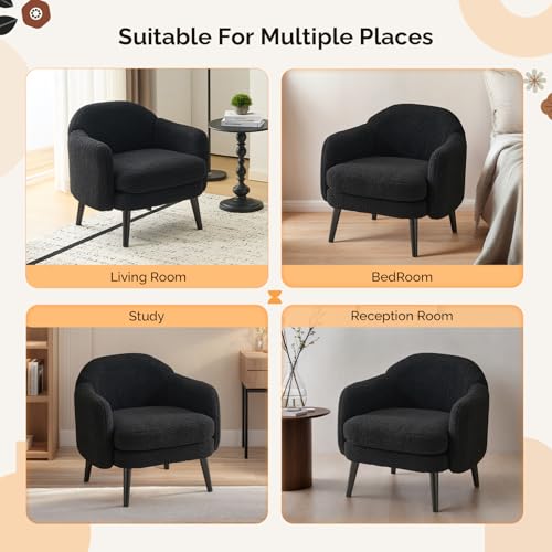 VINGLI 30.3" Wide Modern Barrel Accent Armchairs Set of 2 with Track Armrest, Solid Wooden Legs, Comfy Upholstered Club Chairs, Single Home Sofa for Living Room, Bedroom, Reading,Teddy Fleece Black - color: Black