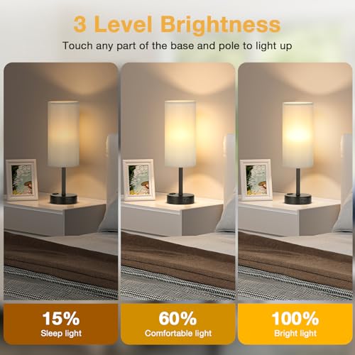 PartageiZ Grey Touch Table Lamps Set of 2-3 Way Dimmable Bedroom Lamps for Bedside with USB C and A Ports, Small Nightstand Lamps with AC Outlet, Desk Lamps with Black Base for Office Boys | 3-Way Dimmable, LED Bulb Included, Grey Fabric Lampshade, Matte