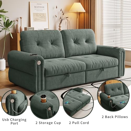 80.4" Queen Sleeper Sofa Bed, 3 in 1 Convertible Pull Out Couch with USB Ports & Cup Holders, Modern Chenille Loveseat Sofabed with Adjustable Backrest for Living Room, Bedroom, Apartment - color: Green, style: Sofabed w/USB &Cup Holders