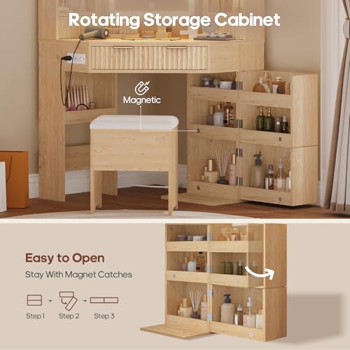 HAUOMS Fluted Corner Vanity Desk with Mirror & Lights, Natural Wood | Rotating Cabinet with 6 Shelves, Built-in Charging Station, 2 Drawers, Storage Bench, for Bedroom, Women Girls - style: Fluted Wood