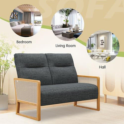 Alunaune Modern Loveseat Bench Couch with Natural Rattan Arm, Upholstered Linen Small Love Seat Sofa 2-Seats Living Room Couch Settee, Comfy Lounge Recliner Chair-Grey - color: Grey