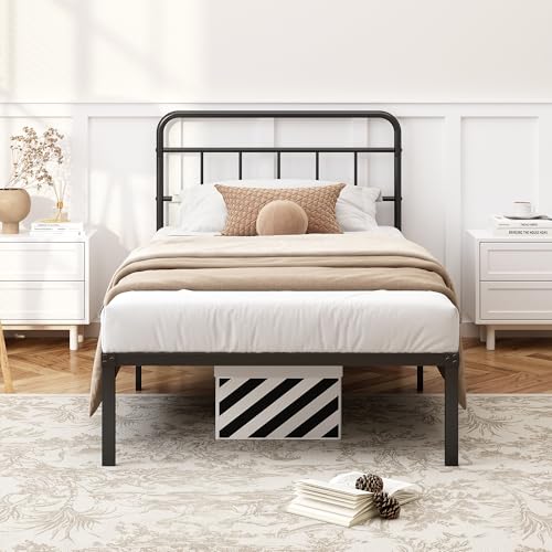 Kujielan 12 inches Twin Bed Frame with Minimalist headboard, Black | Metal Platform Base with Strong Metal Slats,Mattress Foundation for Under Bed Storage,Easy Assembly - size: Twin