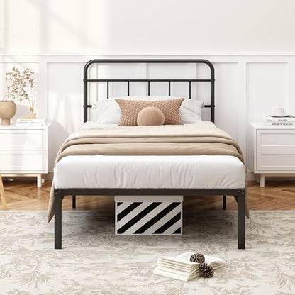 Kujielan 12 inches Twin Bed Frame with Minimalist headboard, Black | Metal Platform Base with Strong Metal Slats,Mattress Foundation for Under Bed Storage,Easy Assembly - size: Twin