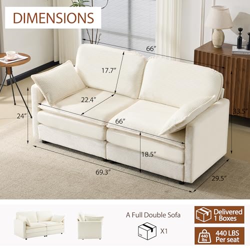 69.3" Plush Cloud Loveseat Sofa, Modular 2-Seater Sectional Couch, 22" Chenille Cushions & 2 Pillows, Corduroy Upholstered Sofa for Living Room Bedroom Apartment, Beige