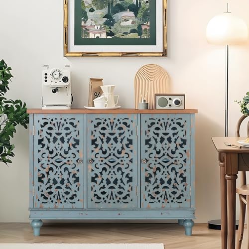 PHI VILLA Blue 3 Door Accent Cabinet, Buffet Sideboard with Storage | Blue Accent Cabinet with Doors, Entryway Carved Decorative Buffet Cabinet with Storage, Side Table, for Living Room - color: Blue, size: 3 Door