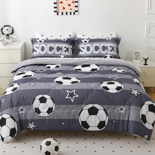 Boys Sports 7 Piece Soccer Comforter Set Full Size 3D Football Playground Bedding Set for Kids Bed Set Gray(Comforter,Flat Sheet,Fitted Sheet and Pillow Sham) - color: Grey Soccer, size: Full