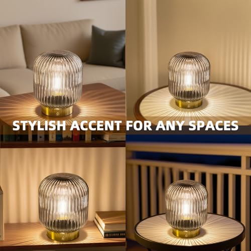 MJ PREMIER Rechargeable Table Lamp, Cordless Lamp with Memory Function,Gray | Small Glass LED Lamp with Dimmable Brightness, Decorative Touch Lamps for Bedroom Living Room