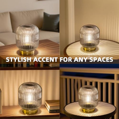 MJ PREMIER Rechargeable Table Lamp, Cordless Lamp with Memory Function,Gray | Small Glass LED Lamp with Dimmable Brightness, Decorative Touch Lamps for Bedroom Living Room