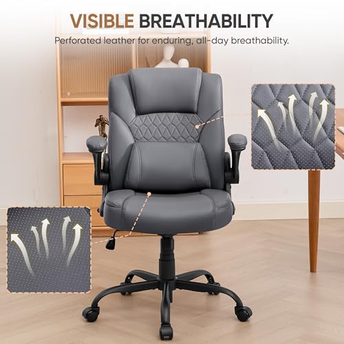 Home Leather Office Chair with Lumbar Support, 5" Padded Seat, Small Rocking Desk Chair, Comfy Computer Chairs with Rolling Wheels & Adjustable Arms for Adults, Grey - color: Grey