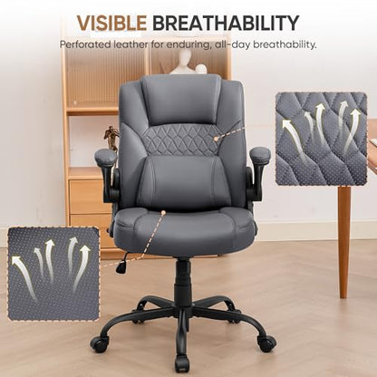 Home Leather Office Chair with Lumbar Support, 5" Padded Seat, Small Rocking Desk Chair, Comfy Computer Chairs with Rolling Wheels & Adjustable Arms for Adults, Grey - color: Grey