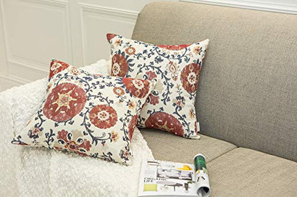 Pack of 2 Jacquard Circle Floral Throw Pillow Shell, Cream Red | Floral Cushion Cover, For 20X20"/ 22X22"Inserts - color: Red