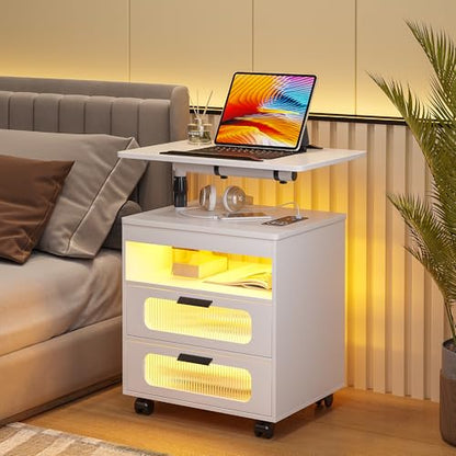 HNEBC LED Nightstand Set of 2 with Charging Station & Adjustable Overbed Desk, 3 Color LED Lights & Body Sensor, Mobile Bedside Table with Wheels, 2 Drawers & Open Shelf for Bedroom(White) - color: 9603-2-white