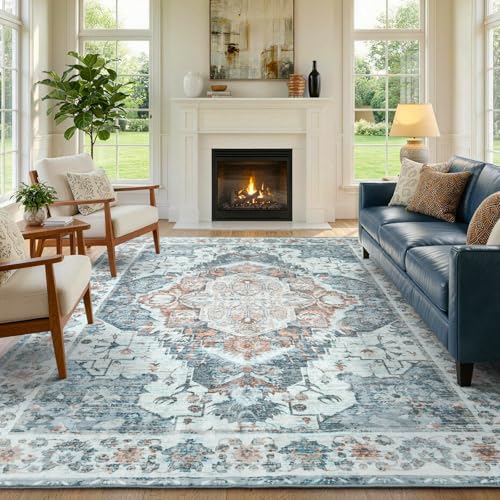 Area Rugs 4x6 Washable Vintage Rug for Bedroom Living Room Decor Light Blue | Soft Low-Pile Stain Resistant Carpet With Non Slip Backing for Indoor Entryway Nursery Dining Room,Thin,Foldable,Home Decor - color: 24f04-light Blue, size: 4' x 6' (Rectangular