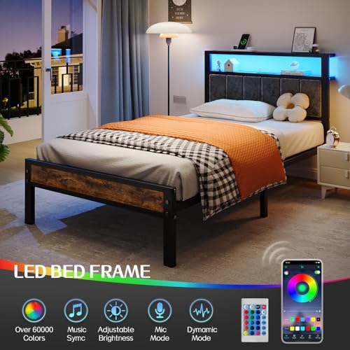 Liians Twin Size Bed Frame with LED Lights, Grey Upholstered Headboard | Platform Bed with 2-Tier Storage Shelf, Charging Station, Noise Free, No Box Spring Needed, Easy Assemably - size: Twin