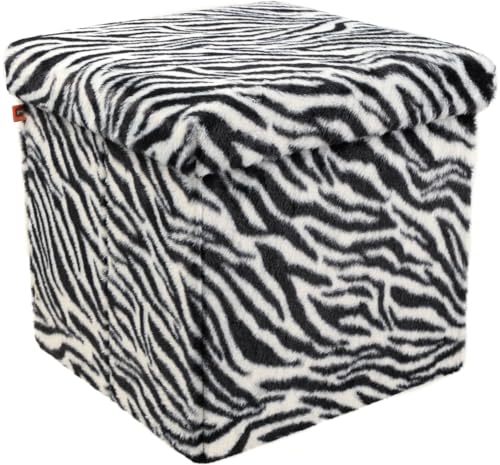 Luxe Faux Fur Storage Ottoman, Zebra Black/White, 15 x 15 x 15 in | Engineered Wood, Tool-Free Assembly, Modern Style, Seat And Footrest - color: Zebra Black/White, size: 15"D x 15"W x 15"H