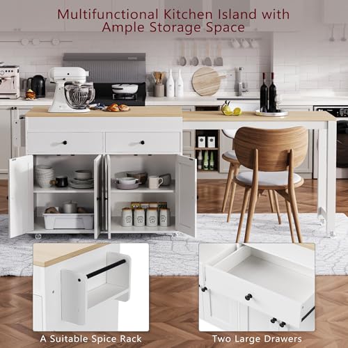 Kitchen Island, Extendable Dining Table with Storage | Extendable dining table, expands from prep station to dining table, seats up to 2 extra guests, saves space when closed - color: White