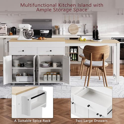 Kitchen Island, Extendable Dining Table with Storage | Extendable dining table, expands from prep station to dining table, seats up to 2 extra guests, saves space when closed - color: White