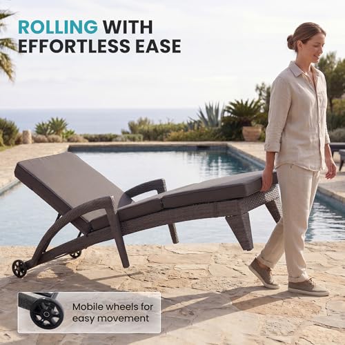 Patio Chaise Lounge Set of 2, Wicker Lounge Chairs Outdoor with Wheels, Wicker Chaise Lounges with Armrests All Weather, Solid Grey - color: Solid Grey, size: 2 pack