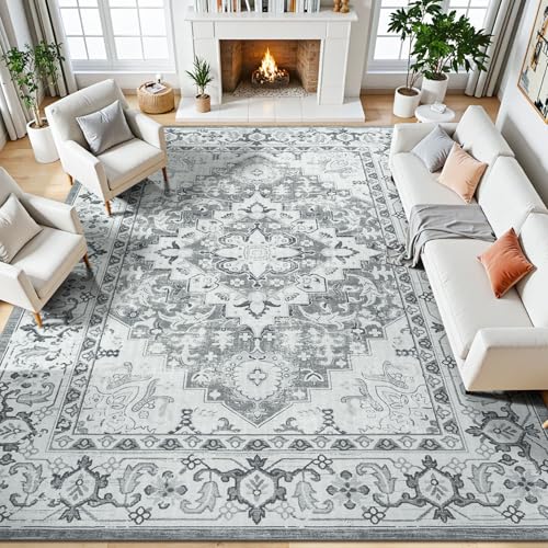 8 x 10 Area Rugs for Living Room- Machine Washable Area Rugs Boho Faux Wool Low Pile Area Rug for Bedroom, Floral Medallion Vintage Rugs with Non-Slip Rubber, Kid & Pet Friendly, Grey White | Boho Low Pile Area Rug for Bedroom, Floral Medallion Vintage Ca