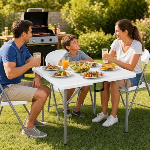 Goplus 34” Folding Table, Square Foldable Card Table, Indoor Outdoor Use, Fold-in-Half Portable Table with Carrying Handle, Plastic Table for Picnic Camping RV Travel Crafting Dining (White) - color: White