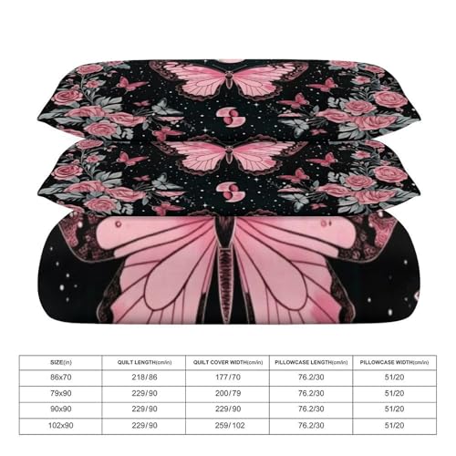 Boho Pink Butterfly Moon & Roses 3 Piece Reversible Bedding Set 90"x90",Double Sided Brushed Microfiber Duvet Cover Set with 2 Pillowcases Soft Breathable Comforter Cover for Home - color: Boho Pink Butterfly Moon & Roses, size: 90"x90"