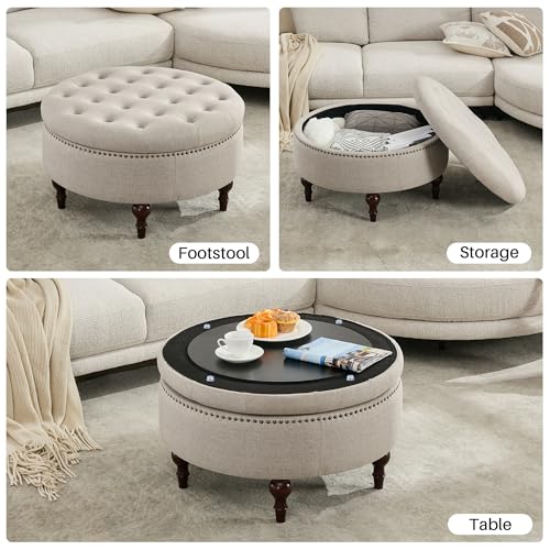 31.5"Large Round Storage Ottoman, Tufted Linen Ottoman Coffee Table | Upholstered Large Ottoman Footrest With Solid Wooden Legs and Nailheads for Living Room Bedroom Office, Light Khaki - color: Light Khaki