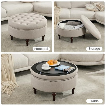 31.5"Large Round Storage Ottoman, Tufted Linen Ottoman Coffee Table | Upholstered Large Ottoman Footrest With Solid Wooden Legs and Nailheads for Living Room Bedroom Office, Light Khaki - color: Light Khaki