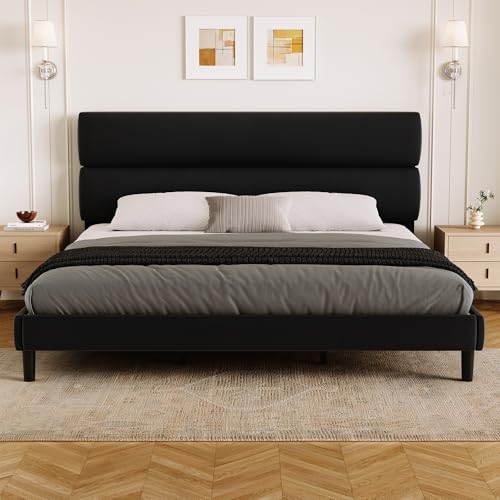GRUSIGN King Size Platform Bed Frame with Velvet Headboard, Adjustable Height Wooden Slats Support, Upholstered Mattress Foundation, Fits Mattress or Mattress with Box Spring, Easy Assembly, Black - color: Black, size: King