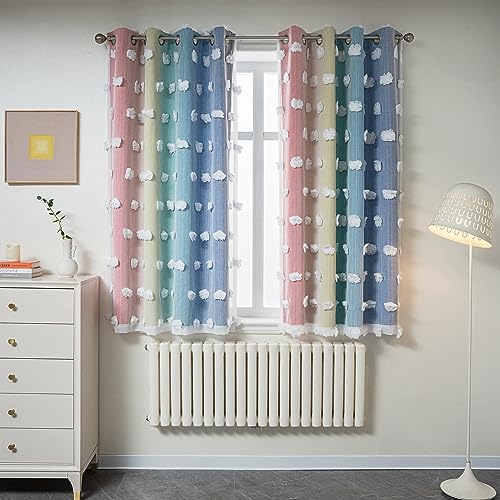 MYSKY HOME Rainbow Curtains for Boys Bedroom Kids Curtains 54 Inches Length White Pom Pom Sheer Small Window Curtains Nursery 2 Panels Double Layer Curtains Grommet Room Darkening Curtains, W52 X L54 - color: Rainbow, size: 52"W x 54"L (Pack of 2)