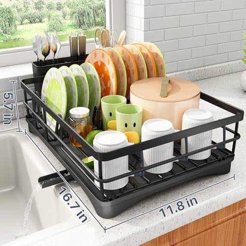 SAYZH Dish Drying Rack for Kitchen Counter with Utensil Holder, Black | Stainless Steel, Large Capacity, Angled Drainboard, Rotating Spout, Removable to Clean - color: Black