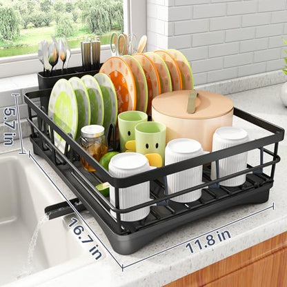 SAYZH Dish Drying Rack for Kitchen Counter with Utensil Holder, Black | Stainless Steel, Large Capacity, Angled Drainboard, Rotating Spout, Removable to Clean - color: Black