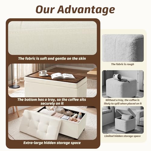 29.5" Cream White Linen Storage Ottoman with Reversible Tray | Upholstered Ottoman Coffee Table with Hidden Storage, Linen Foot Rest Ottoman for Living Room, Bedroom and Entryway - color: Beige