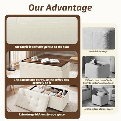 29.5" Cream White Linen Storage Ottoman with Reversible Tray | Upholstered Ottoman Coffee Table with Hidden Storage, Linen Foot Rest Ottoman for Living Room, Bedroom and Entryway - color: Beige
