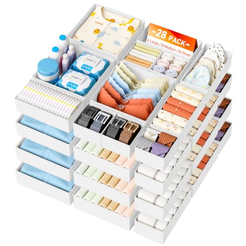 DIMJ Drawer Organizer Clothes Storage - 26 Pack Baby Dresser Organizer for Nursery, Foldable Closet Drawer Organizer Bins for Bedroom Organization, Fabric Storage Dividers for Socks, Underwears,White - color: White, size: 28 Pack