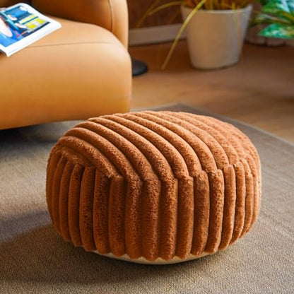 Round Unstuffed Ottoman Cover Pouf Foot Rest, Caramel | Cover Only, 20x20x8 In, Soft Short Plush, Ribbed Texture, Modern Style, Living Room, Bedroom, Reading Nook - color: Caramel